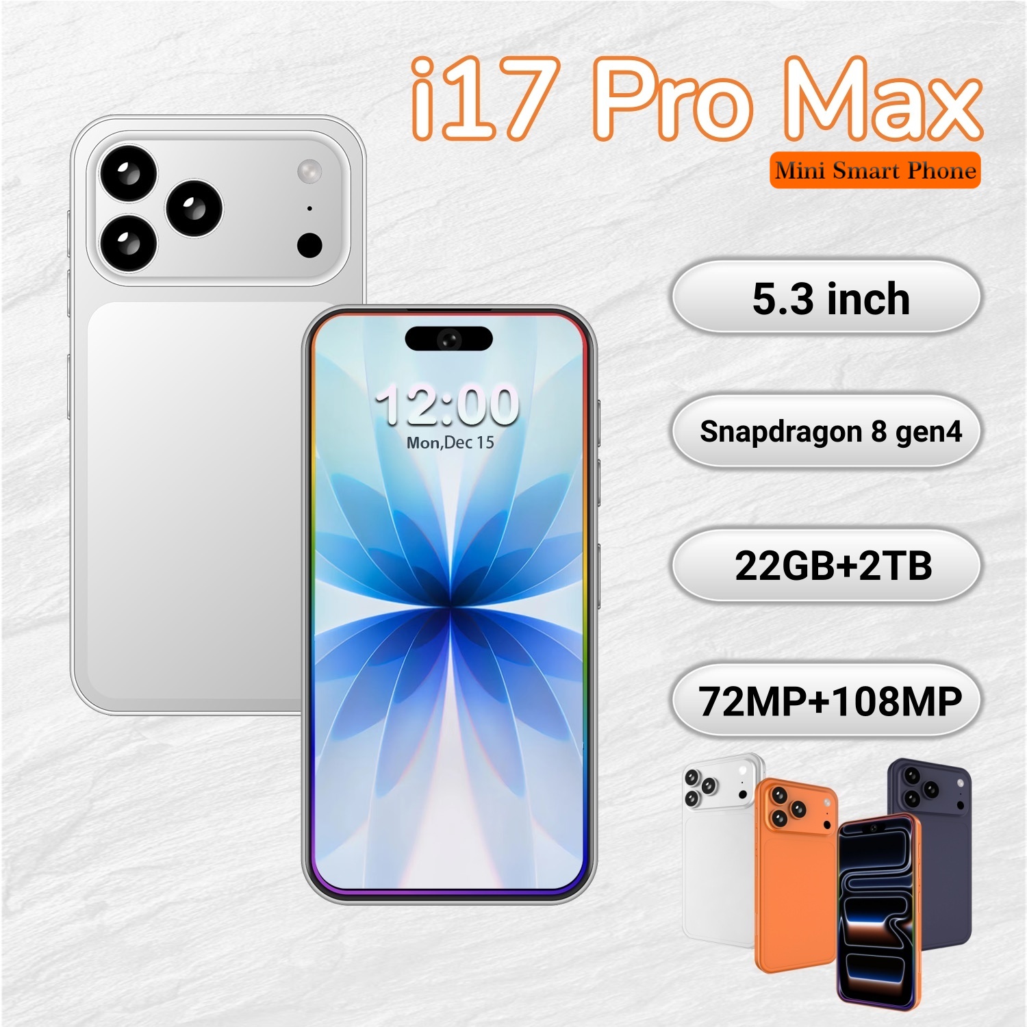 2026 i17Pro Max Original global version Snapdragon 8 Elite 12core 5G smartphone 5.3-inch incell screen resolution:1440*3040 pixels 72MP+108MP 8000mAh Fast Charging
