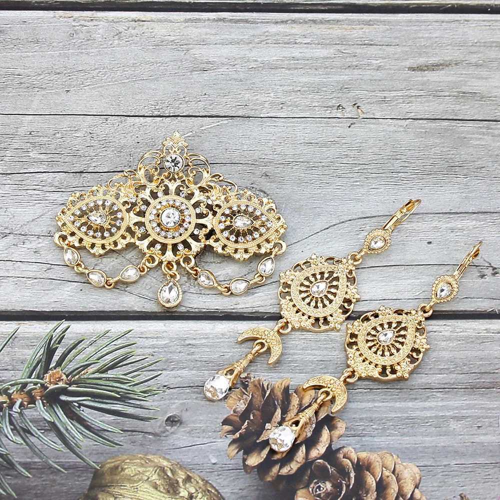 Gold Color Morocco Caftan Brooch Pins Long Drop Earring Blue Crystal Bride Jewelry Set for Women Arabic Flower Bijoux Z260401