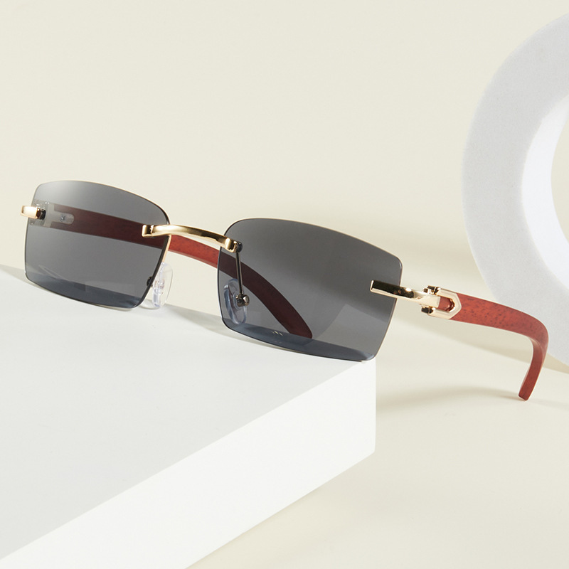 Fashion sunglasses Men and Women Frameless Imitation Wood Grain Temple Sunglasses