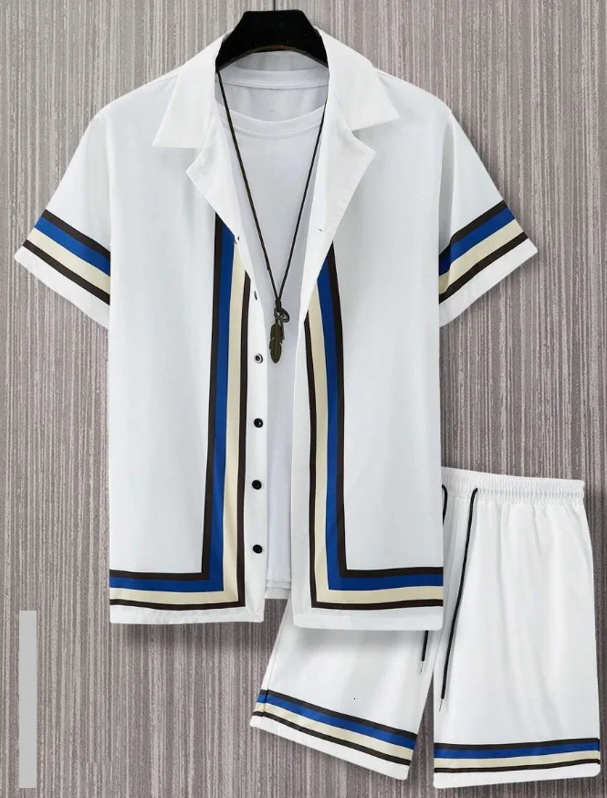 Hawaiian Shirt Set Men 3D Printed Blue White Porcelain Pattern Summer Fashion Casual Daily Oversized Shirtshorts 2 Piece 260331