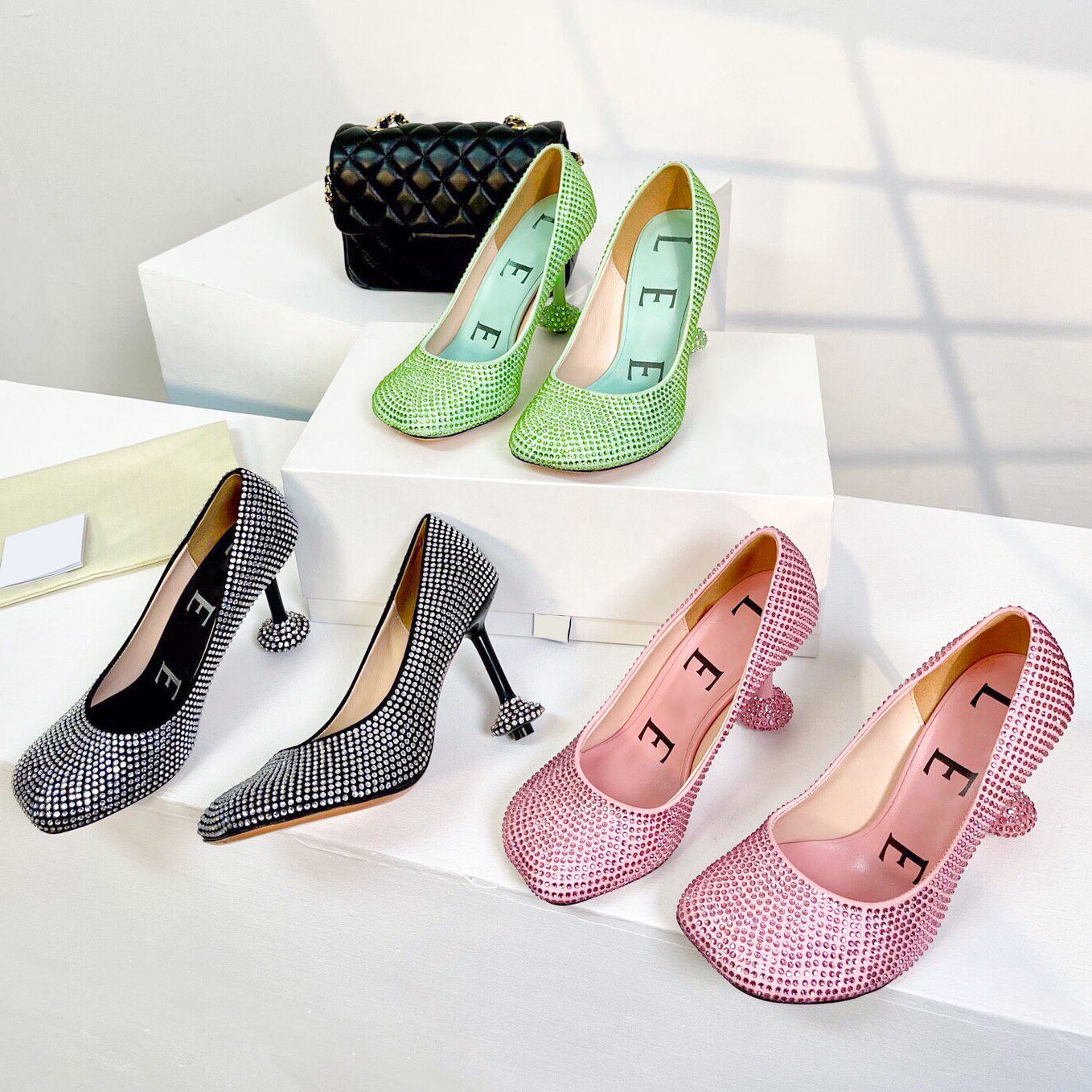 Luxury rhinestone High heels sandal Designer dress shoe woman fashion slingback sliders Patent lambskin Leather Pumps slide sandale Casual slipper bridal wed shoe