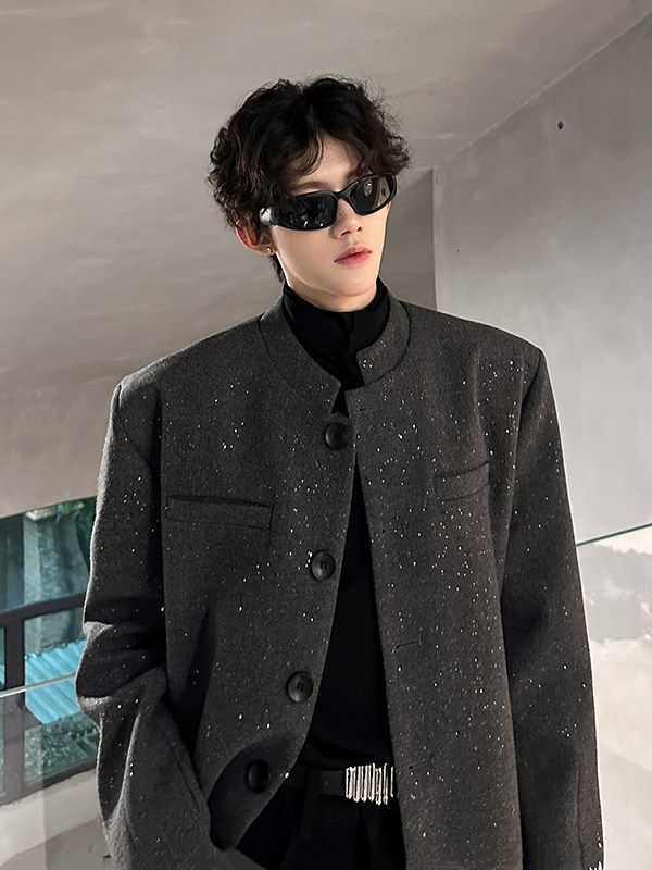 Highend shoulderpadded short blazer for men spring and autumn made of silvercoated wool stylish standup collar jacket suitable for and stylish 240904