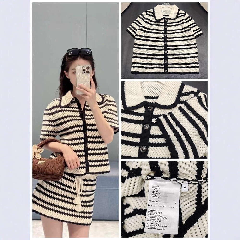 2026 Designer Women's Summer New Style Color blocked Striped Hollow Knitted k30 Top Short Sleeve Single breasted Drawstring Half Skirt