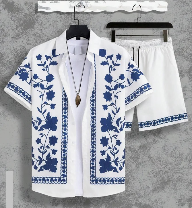 Hawaiian Shirt Set Men 3D Printed Blue White Porcelain Pattern Summer Fashion Casual Daily Oversized Shirtshorts 2 Piece 260331