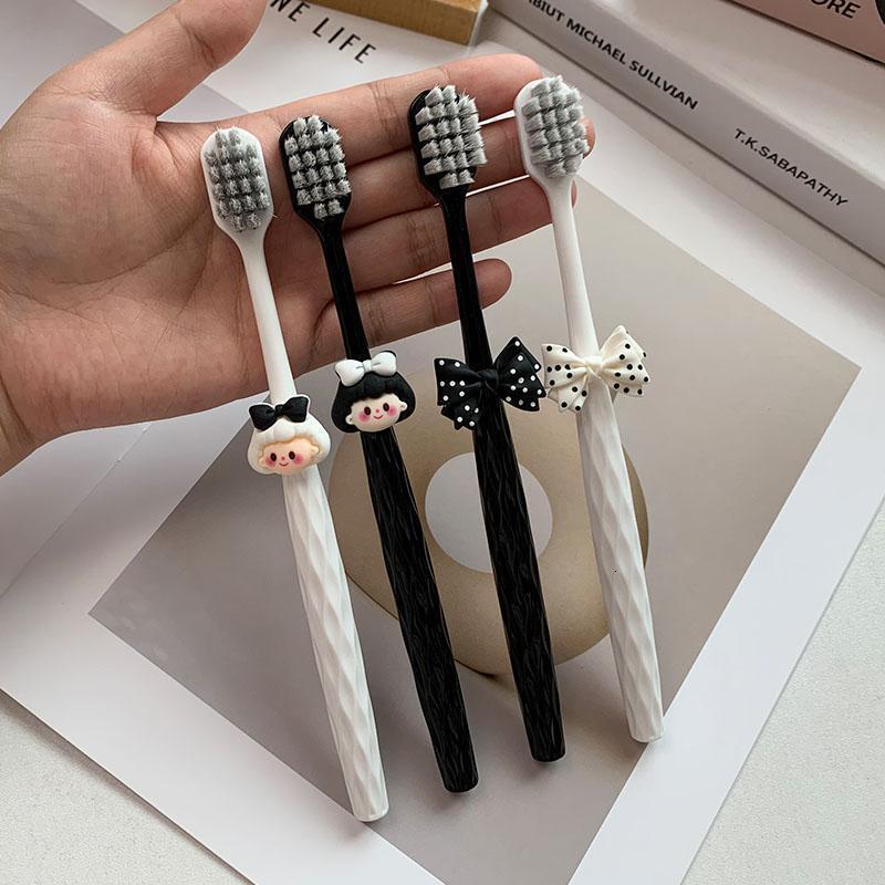Toothbrush For Girls With Bowknot & Diamond Pattern Handle, Adult Household Wide Head Couple Toothbrush Cute Black White Soft Bristle