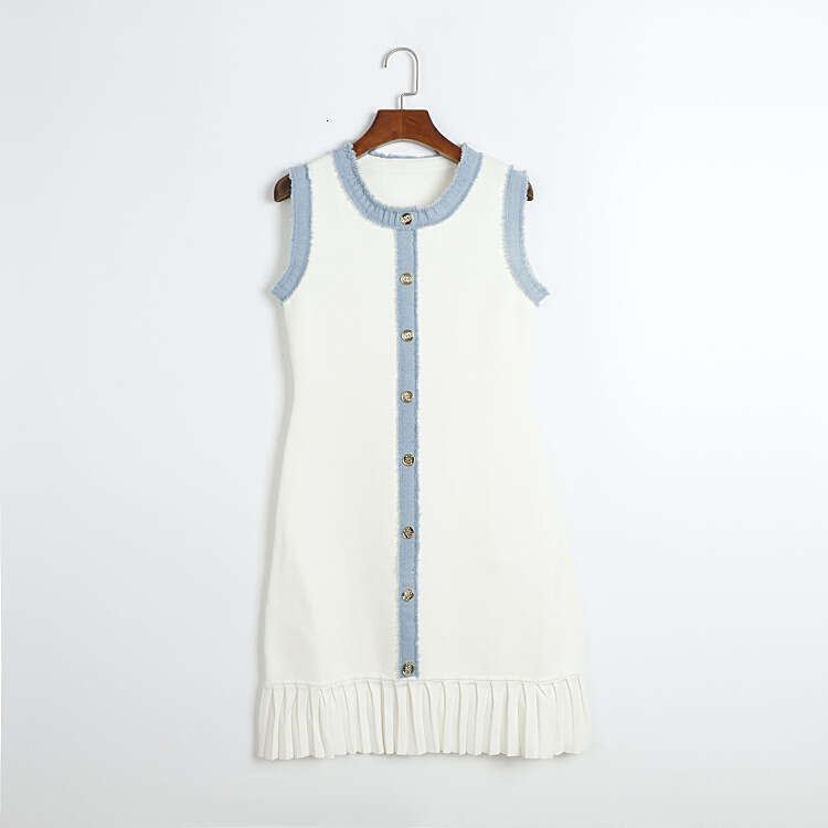 Summer new small fragrant k30 round neck color blocked tassel denim border sleeveless pleated skirt vest