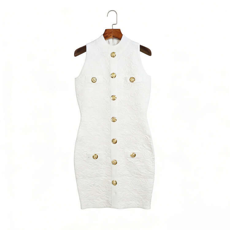 Summer new designer sleeveless knitted dress with stand up collar and jacquard pattern, slim fit, k30 medium length, elegant style