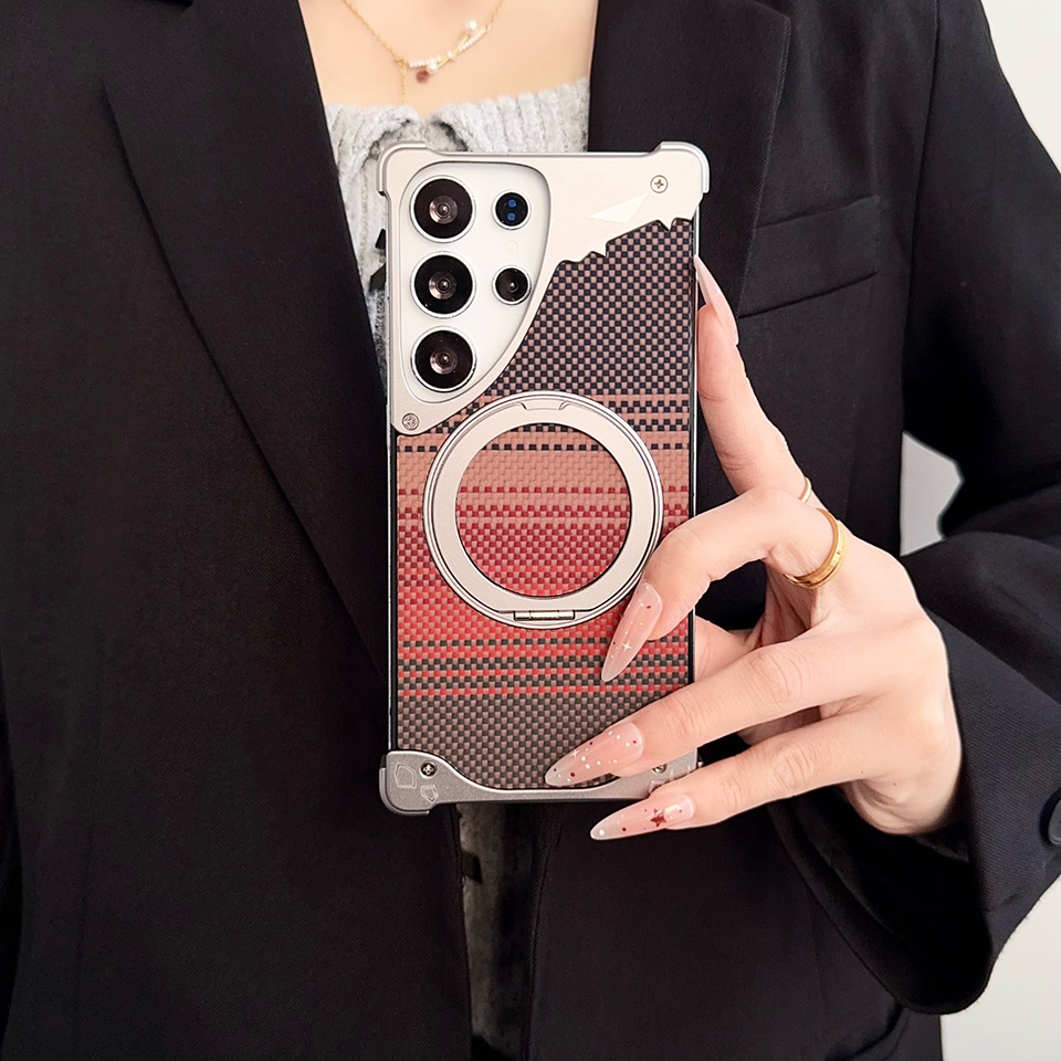 Mechanical Armor Case for Samsung S24 Ultra Aviation Aluminum Bumper N52 Strong Magnetic MagSafe Cover with Sunset Carbon Fiber Back & 360 Ring Stand