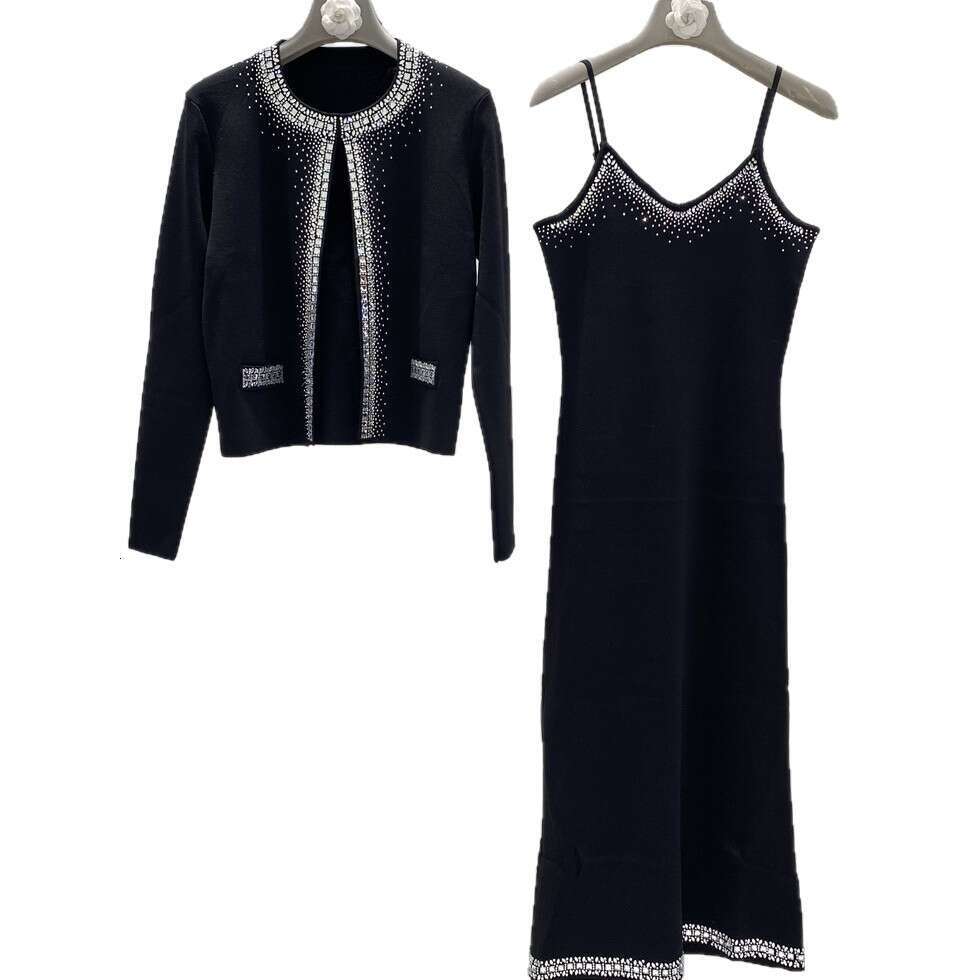 High quality designer niche style rhinestone decoration buttonless long sleeved thin knitted cardigan+women's k30 vest long skirt two-piece set