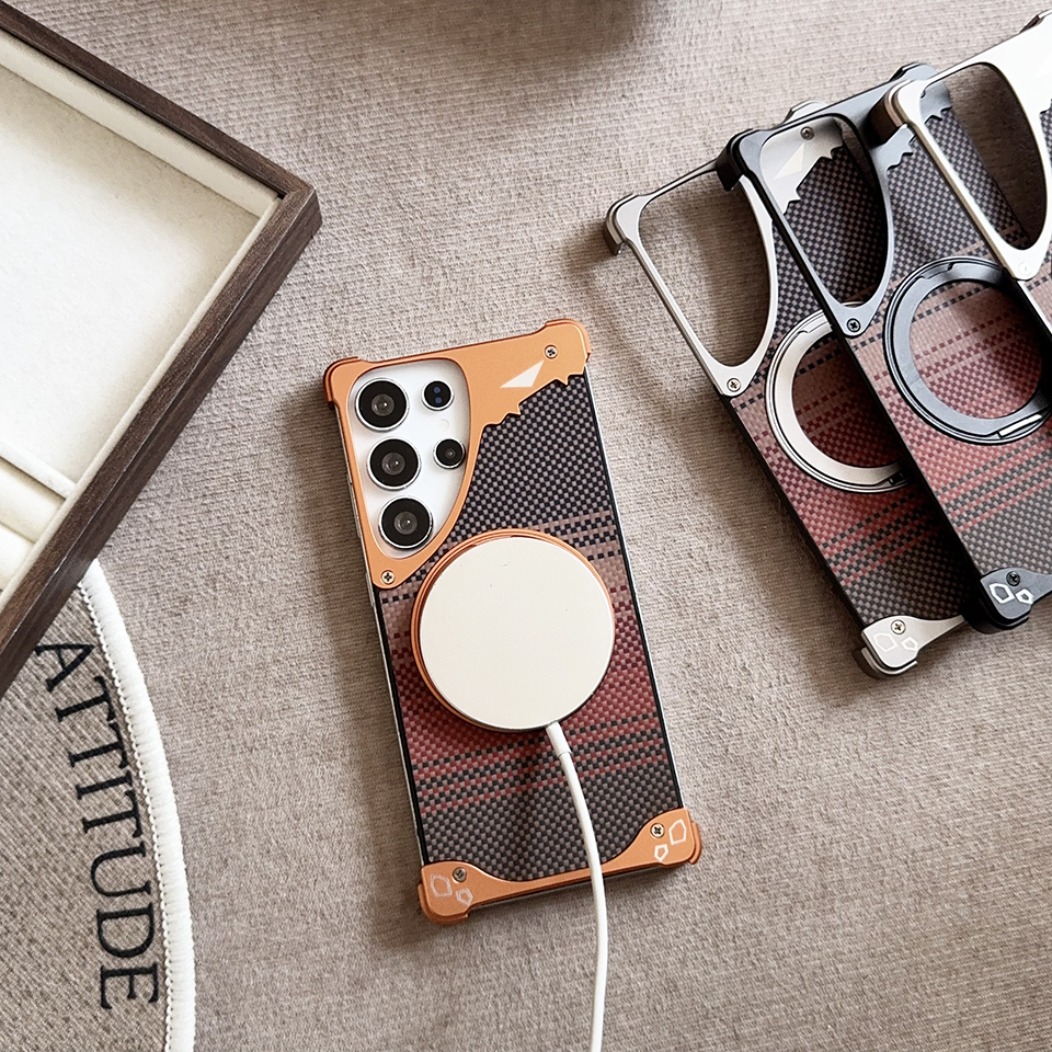 Mechanical Armor Case for Samsung S24 Ultra Aviation Aluminum Bumper N52 Strong Magnetic MagSafe Cover with Sunset Carbon Fiber Back & 360 Ring Stand