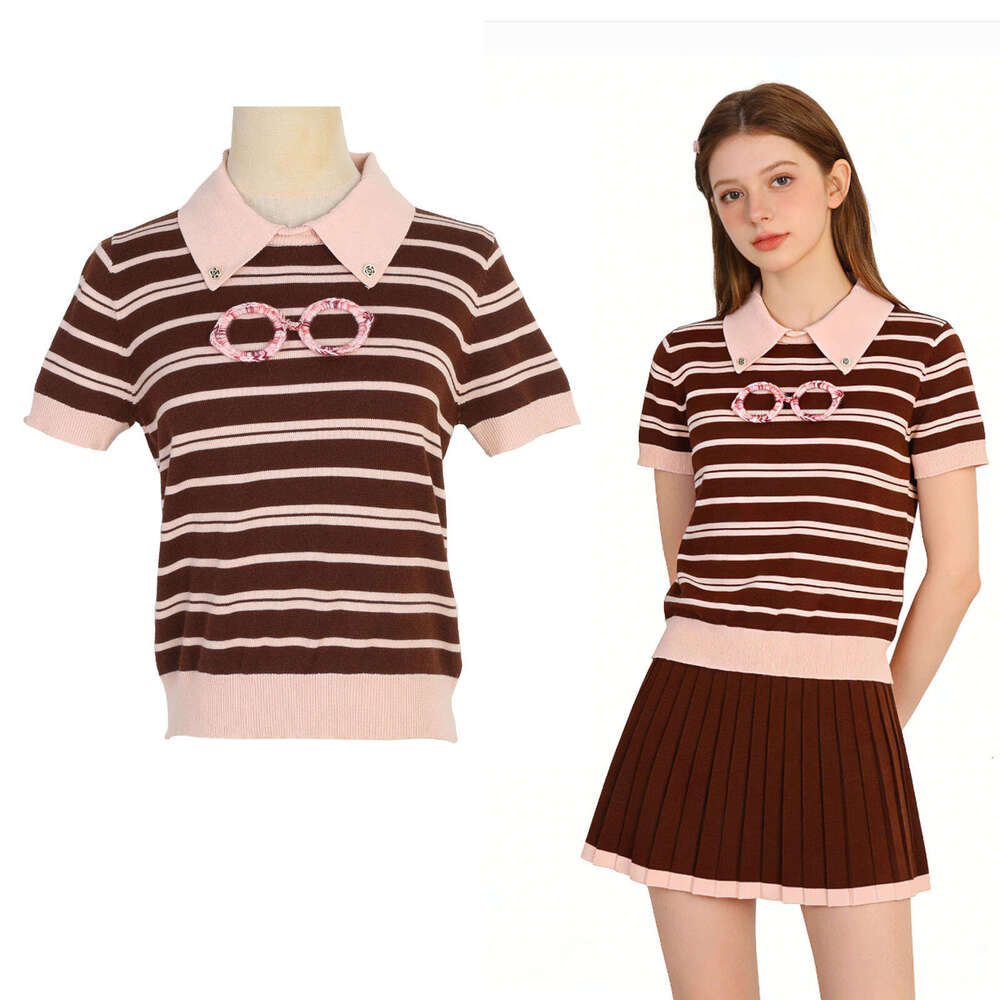 Spring new color blocked women's pullover shirt with striped fold k30 collar and mesh pattern, multifunctional short sleeved knitted fabric