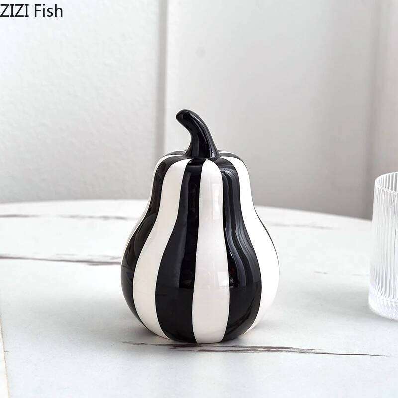 Black and White Striped /pear Ceramic Statue Desk Decoration Minimalist Fruits Sculpture Ornaments Room Aesthetic Decor 26Y0401