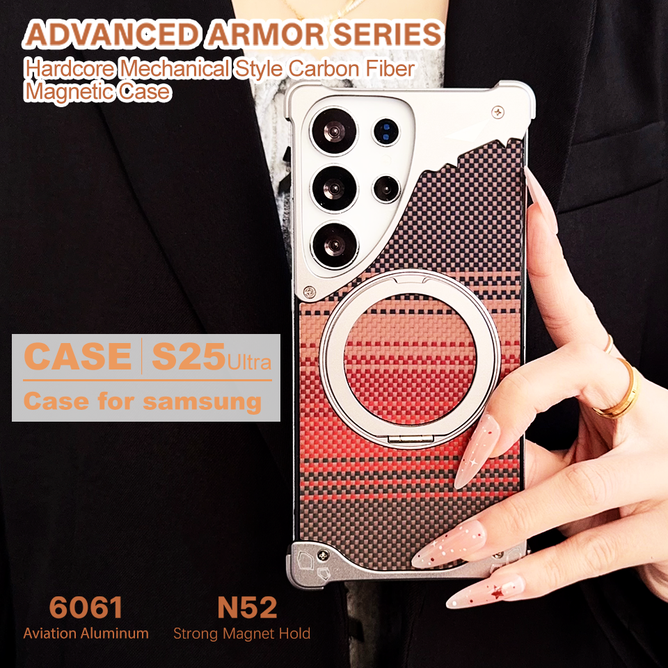 For Samsung Galaxy S25 Ultra Case Sunset Woven Carbon Fiber Texture Aviation Alloy Bumper DIY Modular Assembly Armor Cover with N52 Magnetic Ring Stan