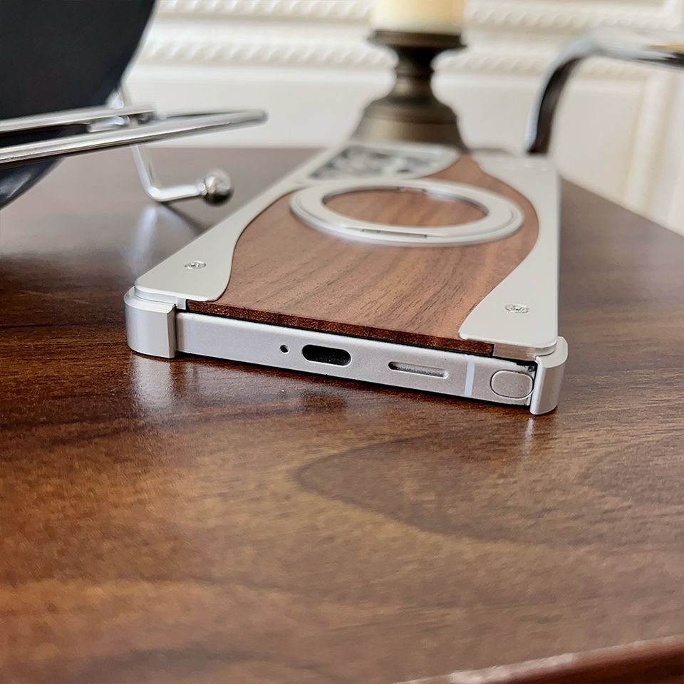 Walnut Aluminum Phone Case for Samsung S24 Ultra,Magnetic Stand, Metal Semi-wrapped style & Drop-Proof Cover