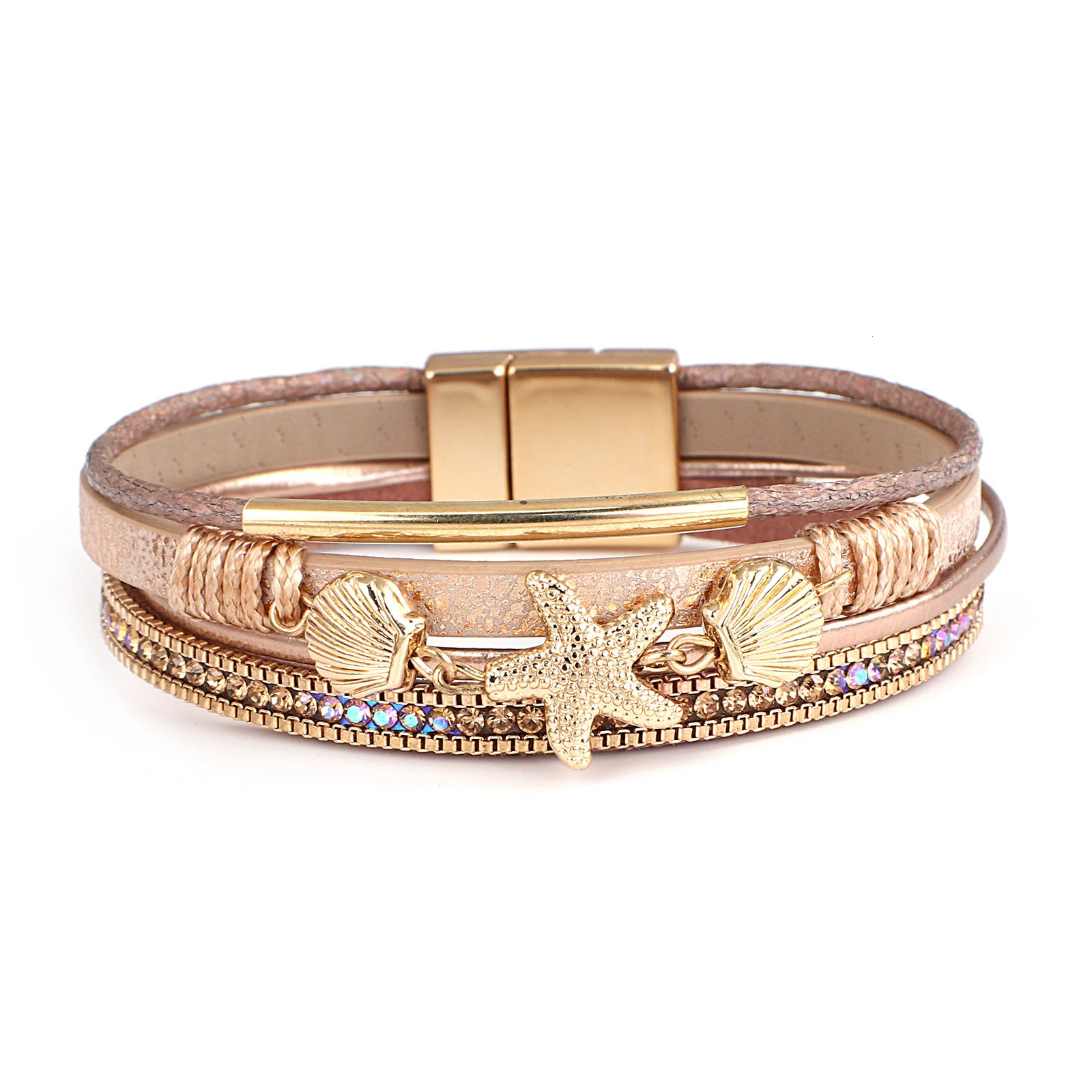ALLYES Charm Starfish Shell Leather Bracelet for Women Men Boho Metal Tube Crystal Beads Chain Bracelets Bangles Beach Jewelry 260318BJ - view 3