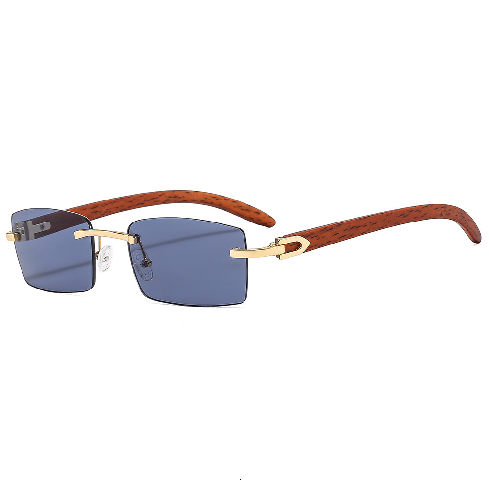 Trendy Wooden Leg Frameless Retro Women Ocean Lens Small Square Frame Sunglasses for Men Optical Glasses