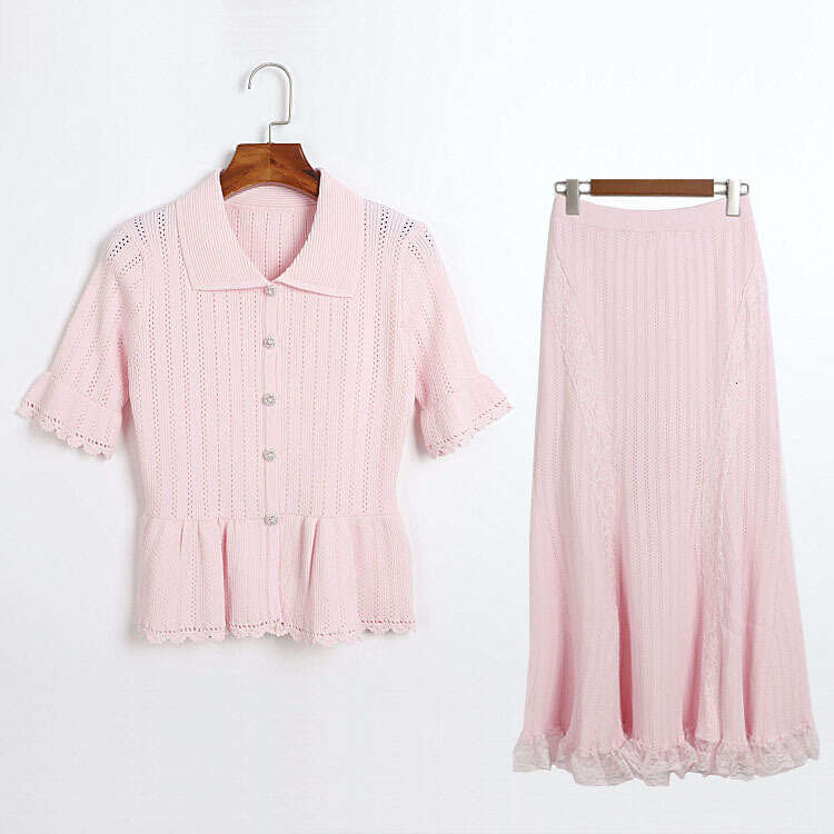 Designer Sweet Style Knitted Set with Collar and Waist Tightened Hollow Short Sleeve Cardigan and Lace k30 Splicing Long Skirt 2026