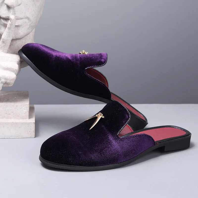 Fashion Men Velvet Tassels Half Slippers Loafer Male Casual Purple Green Blue Black Mules Moccasins Breathable Driving Shoes 260331