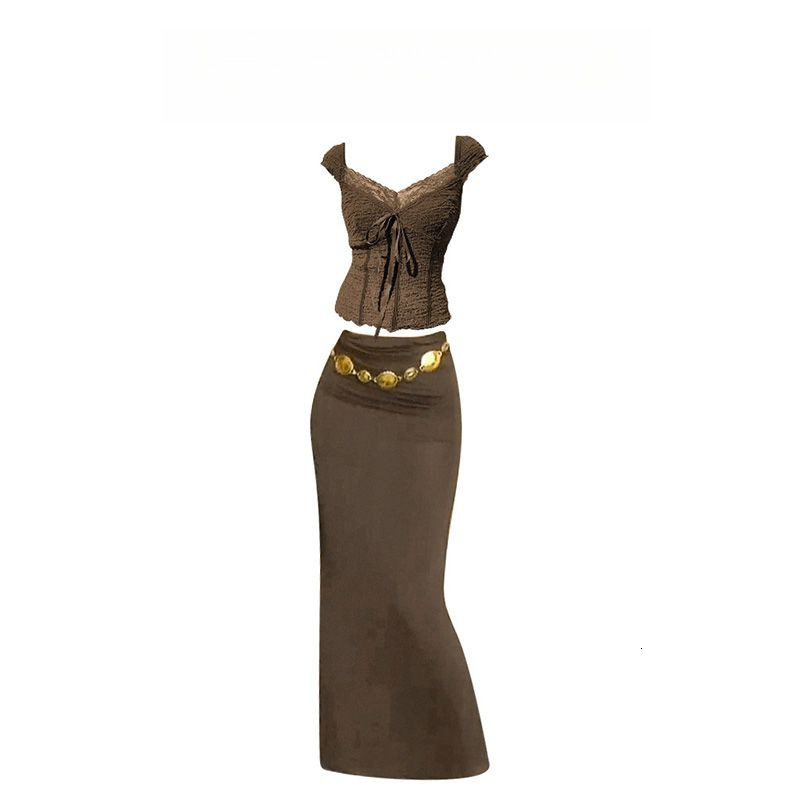 Brown Acrylic Two-Piece Summer Outfit Set 250614, Women's Tie Detail Short-Sleeve T-Shirt, High-Waisted Bodycon Long Skirt with Waist Chain, Casual Te