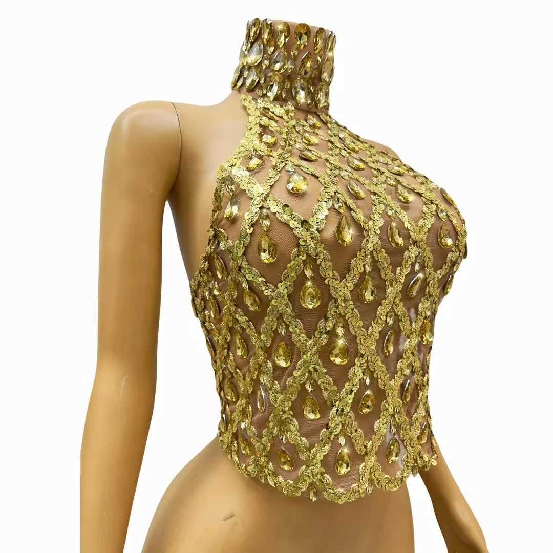 Sparkly Gold Rhinestone Mesh Tops Women Sexy See Through Evening Party Birthday Wear Nightclub Stage Performance Costume X260401