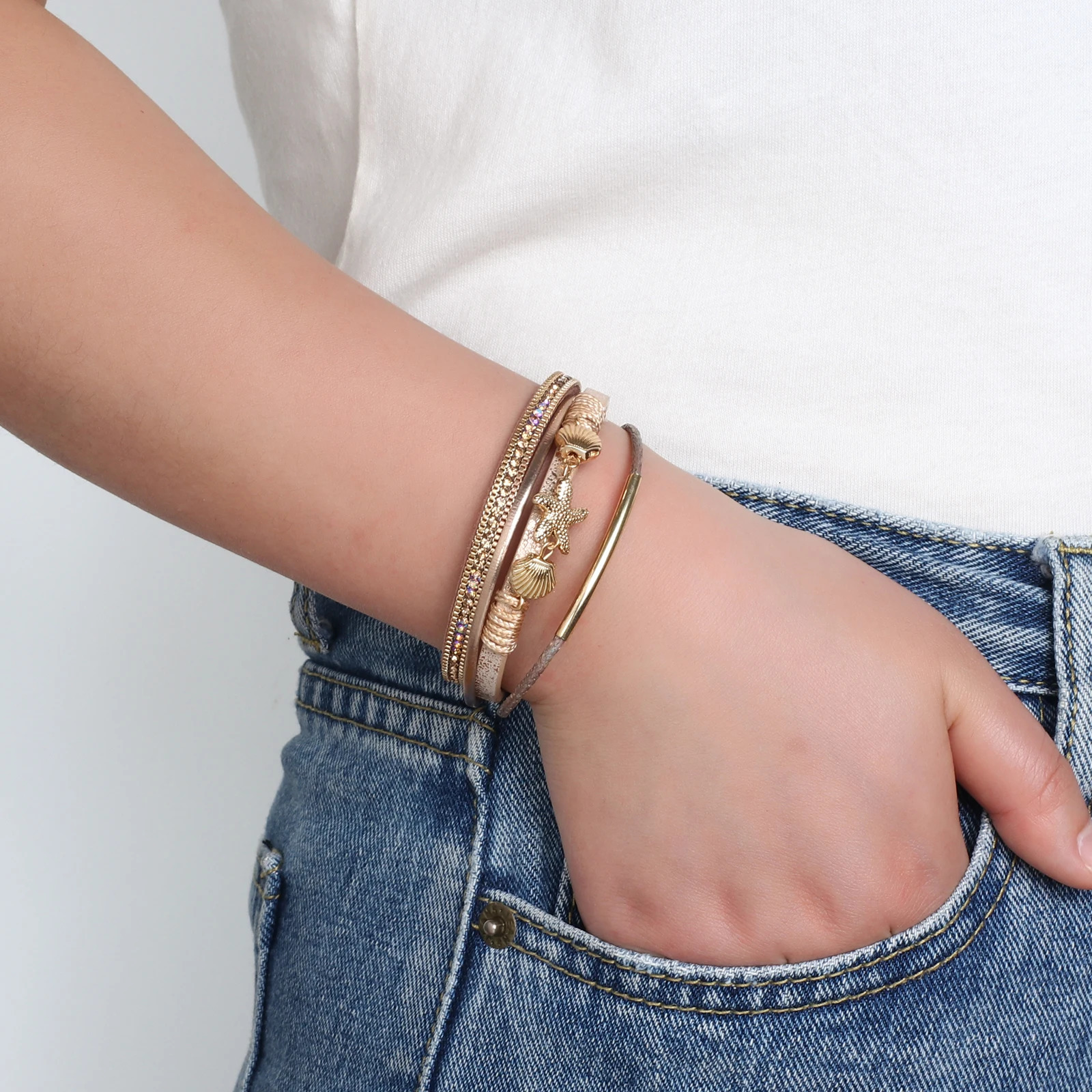 ALLYES Charm Starfish Shell Leather Bracelet for Women Men Boho Metal Tube Crystal Beads Chain Bracelets Bangles Beach Jewelry 260318BJ - view 4
