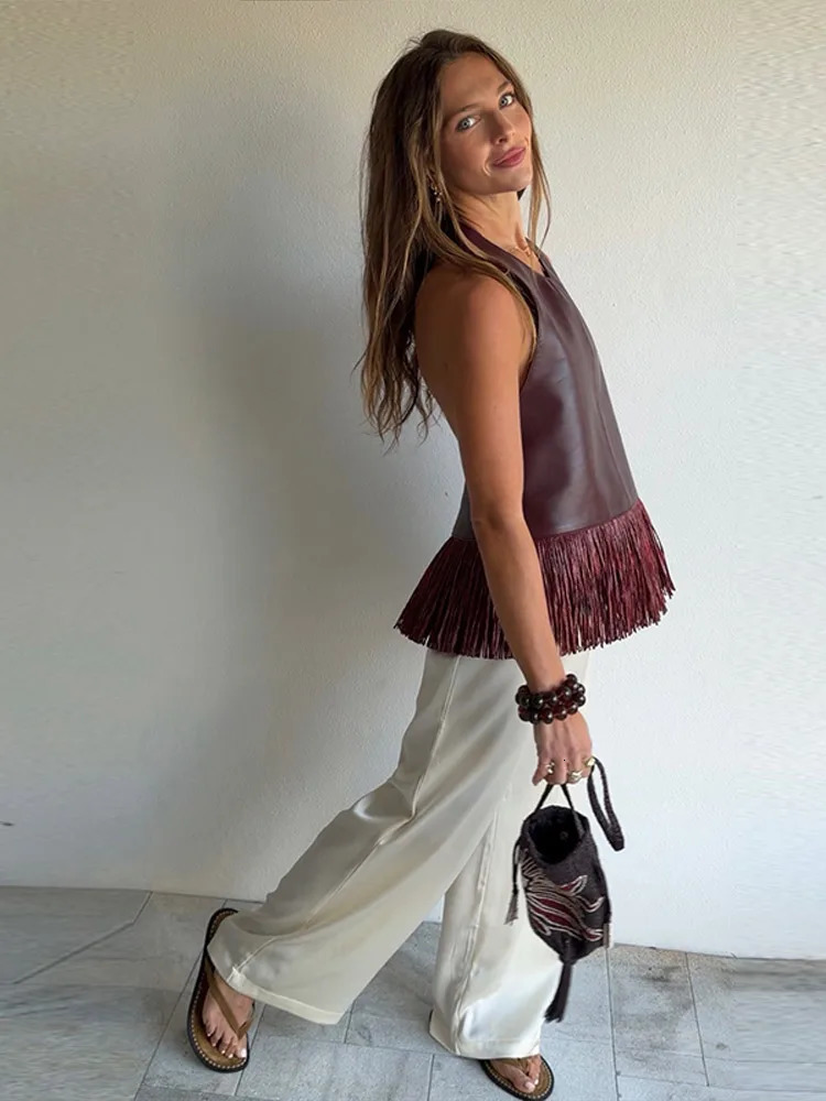 Faux Leather Fringe Ptachwork Halter Top Women Casual Solid Sleeveless Backless Female Tank 2026 Spring Summer Chic Lady Tops 260331