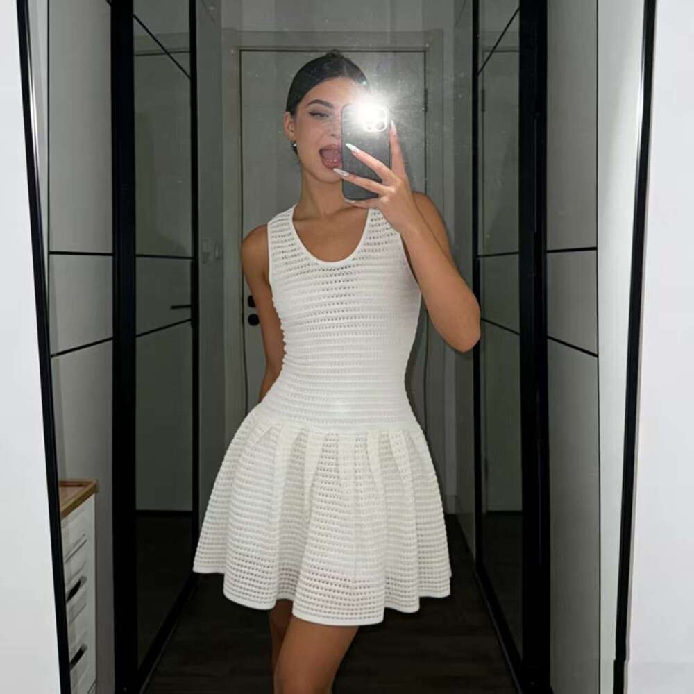 European niche designer hollow out k30 elegant waistband vest skirt slim fit round neck knitted sleeveless dress