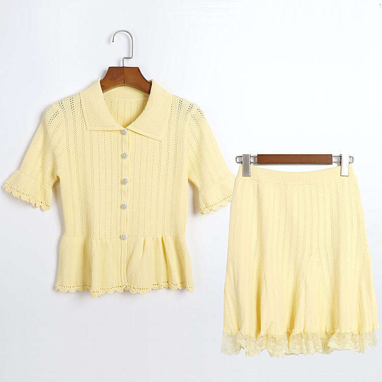 Designer Sweet Style Knitted Set with Collar and Waist Tightened Hollow Short Sleeve Cardigan and Lace k30 Splicing Long Skirt 2026