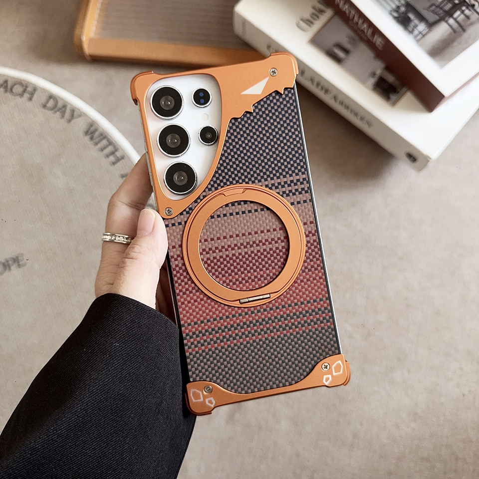 Mechanical Armor Case for Samsung S24 Ultra Aviation Aluminum Bumper N52 Strong Magnetic MagSafe Cover with Sunset Carbon Fiber Back & 360 Ring Stand