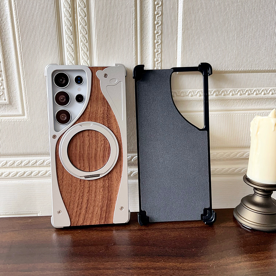 Walnut Aluminum Phone Case for Samsung S24 Ultra,Magnetic Stand, Metal Semi-wrapped style & Drop-Proof Cover