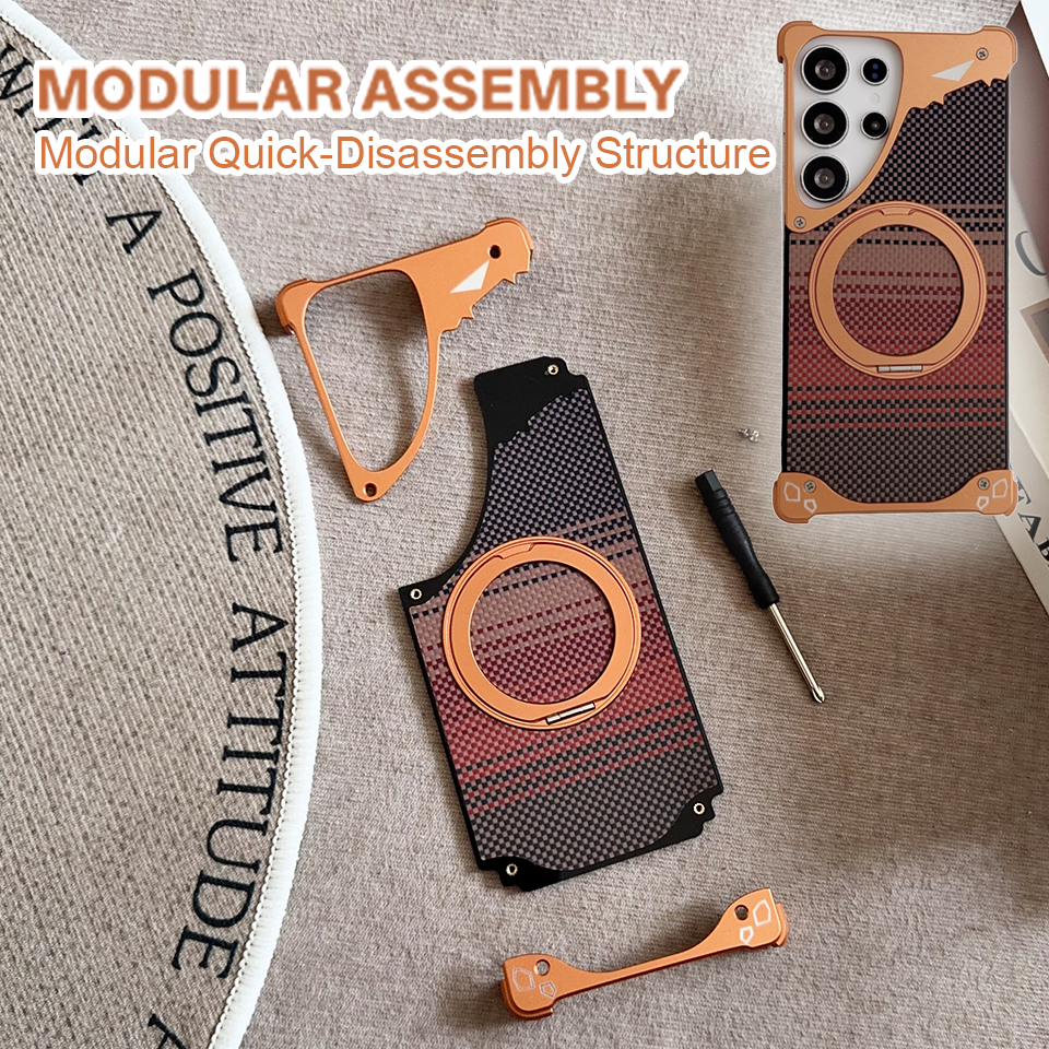 Mechanical Armor Case for Samsung S24 Ultra Aviation Aluminum Bumper N52 Strong Magnetic MagSafe Cover with Sunset Carbon Fiber Back & 360 Ring Stand