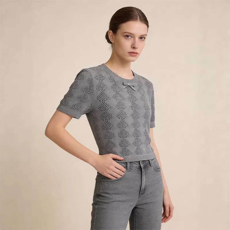 Bow sequin T-shirt summer new designer hollowed out round neck pullover sweater k30 knitted top