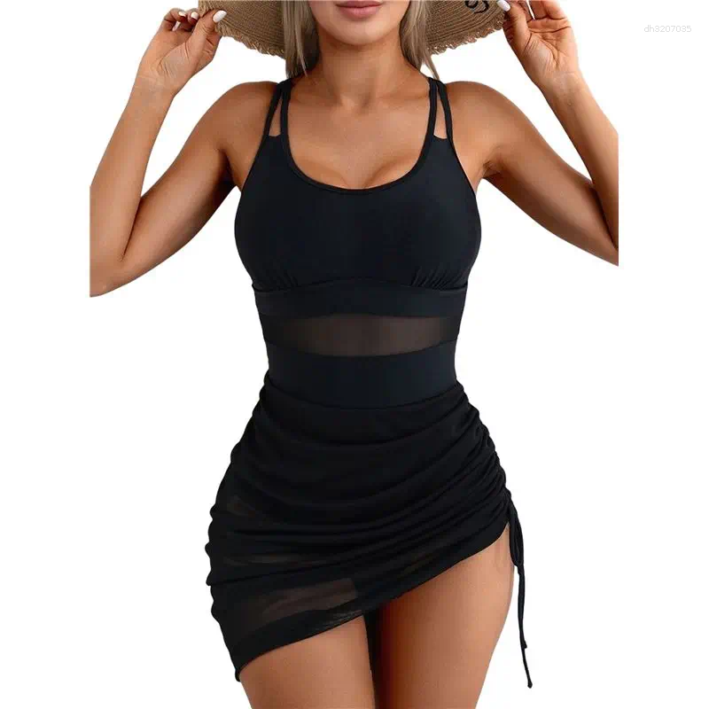 ABUE-Women One-Piece Swim Dress Tummy Control Swimsuits Slimming Mesh Sheer Sarong Wraps Bathing Suit