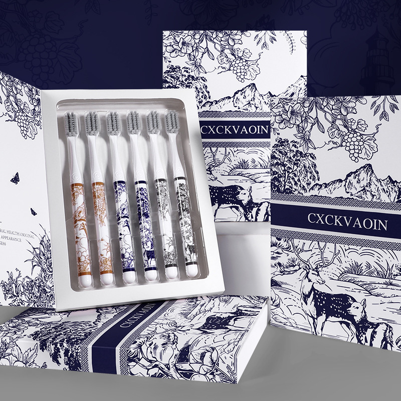 Toothbrush Soft Bristle Landscape Painting Handle Cleaning Gum Protection 6 Piece Gift Box Set For Home Use High End Color Matching