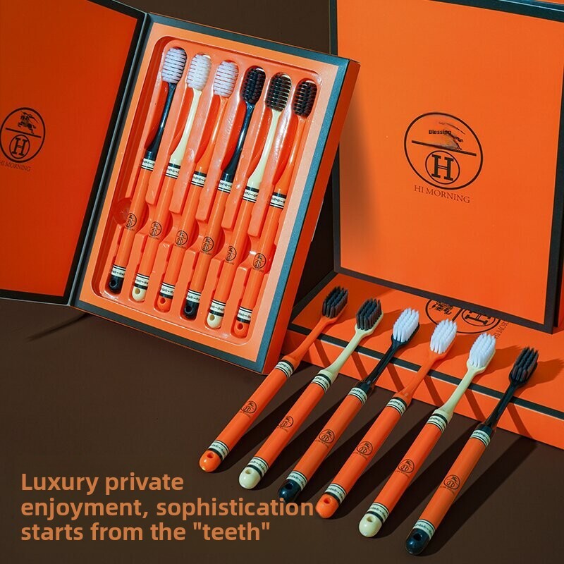 Toothbrushes 6-Pack Soft Bristle For Adults Wide Head Printed Handle High-End Family Pack Cleaning Gift Box Orange Color