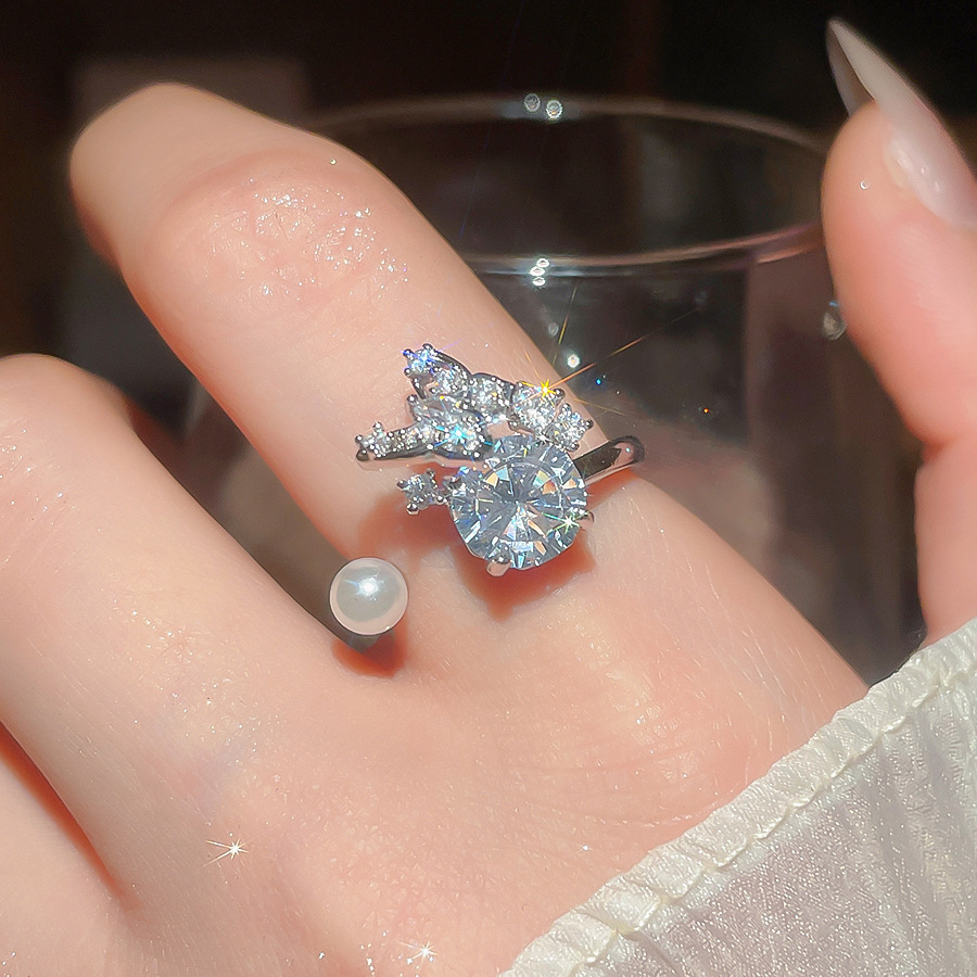 French-style exquisite zircon butterfly round pearl open niche high-end fashion ring, stylish and elegant women's jewelry - view 3