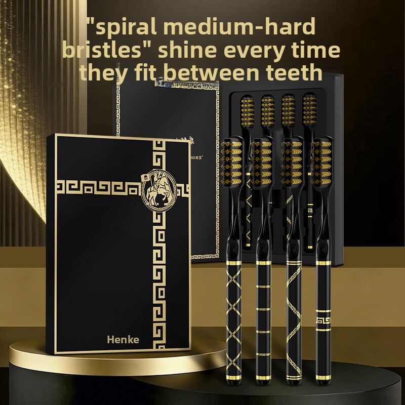 Toothbrush Spiral Medium Stiff Bristle High End Black Gold Long Head For Men Adult High Value Handle Gift Box Home Use