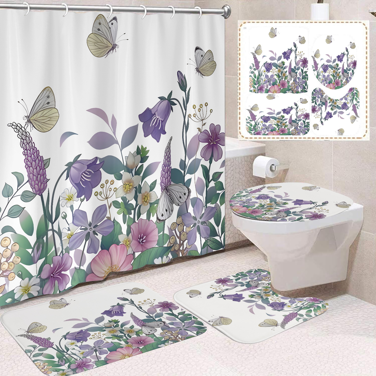 YL-38422 Floral Shower Curtain and Mat Set (4 Pieces) - Bathroom Dry and Wet Separation, Toilet Isolation Curtain, Modern Minimalist Style
