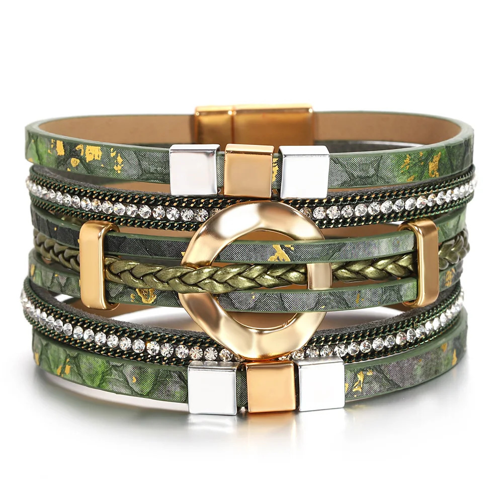 ALLYES Boho Braided Leather Bracelets for Women Men Party Jewelry Trendy Two Tone Square Multilayer Wrap Wide Bangles Bracelet 260318BJ