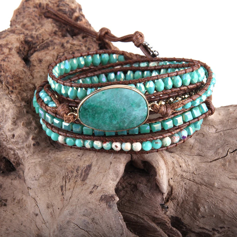 RH Fashion Leather Boho Armbander Green Mixed Natural Stones Charm 5 Strands Beaded Wrap Bracelets Drop 260318BJ