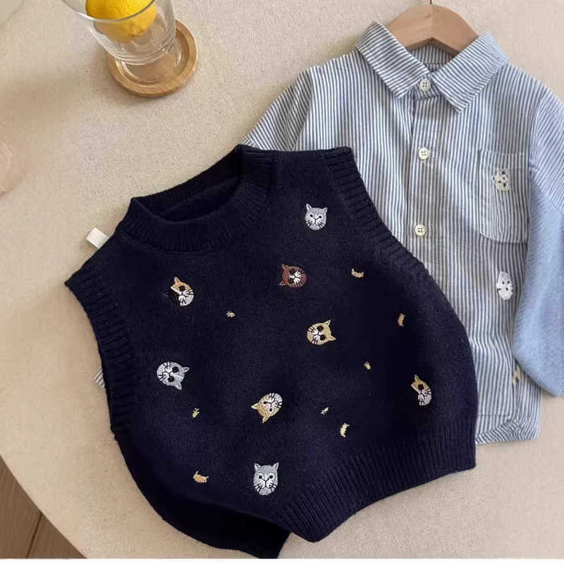 Pullover Pullover Children's Embroidered Knit Sweater Vest Spring and Autumn New Style Boys' and Girls' Sleeveless Vest Baby Cartoon To