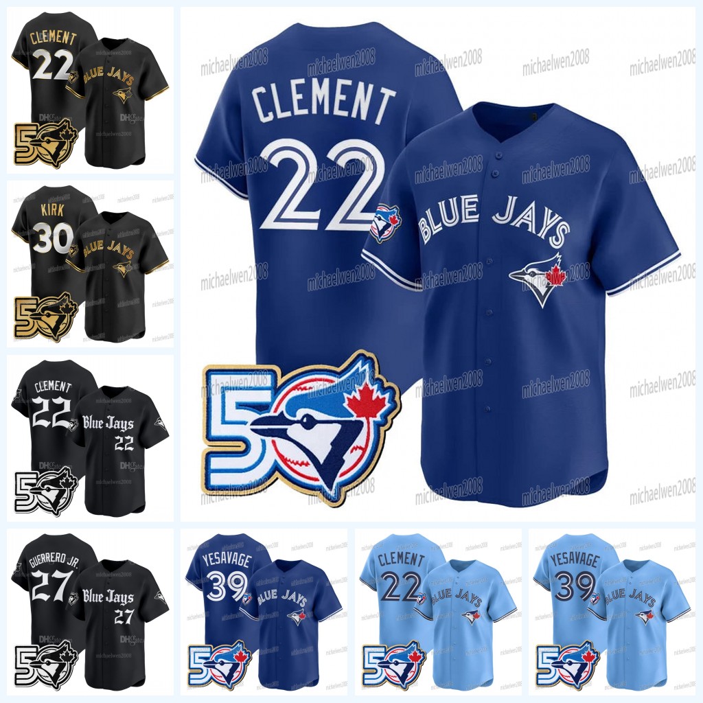 22 Ernie Clement Blue Jays 2026 50 Seasons Patch Gothic Jerseys Trey Yesavage Vladimir Guerrero Jr. George Springer Kazuma Okamoto Alejandro Kirk Daulton Varsho