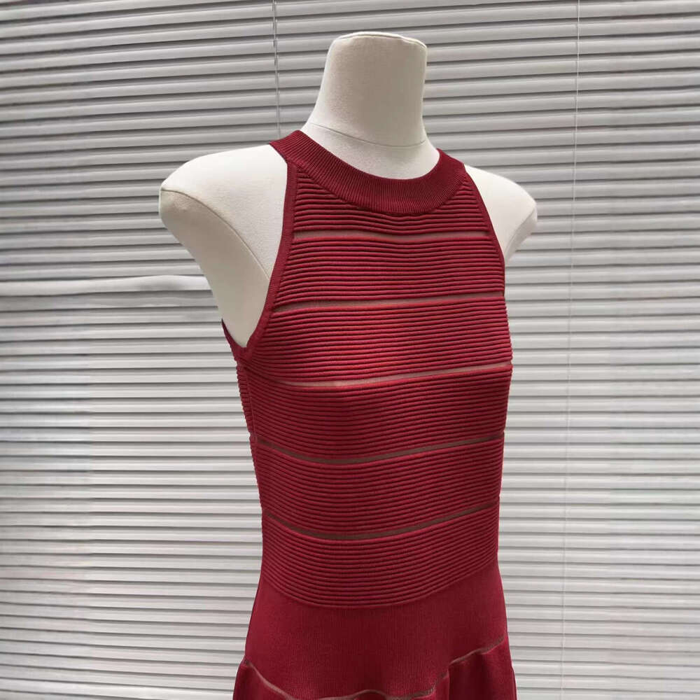 Designer French elegant V-neck gold button ribbed slim k30 knit women's sleeveless A-line mini skirt