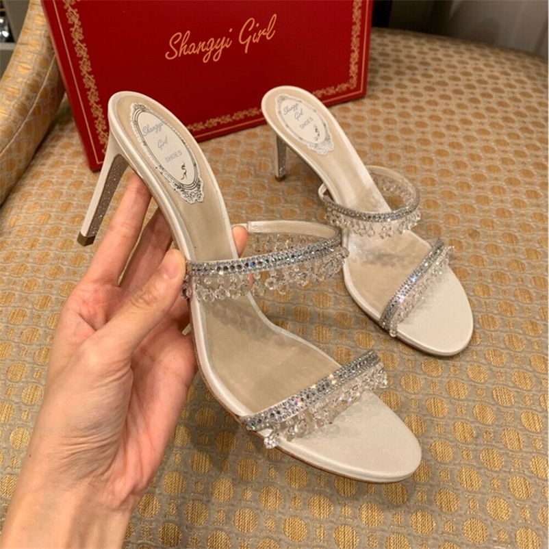 Summer Sexy Women Heel Rhinestone High Heels Open Toe Backless Slippers Fairy Style 260325