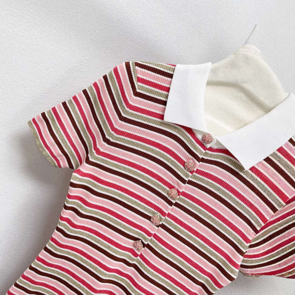 2026 Spring New Designer High end Striped Slimming Women's Flip Collar Half Button Short k30 Sleeve Knitted Dress