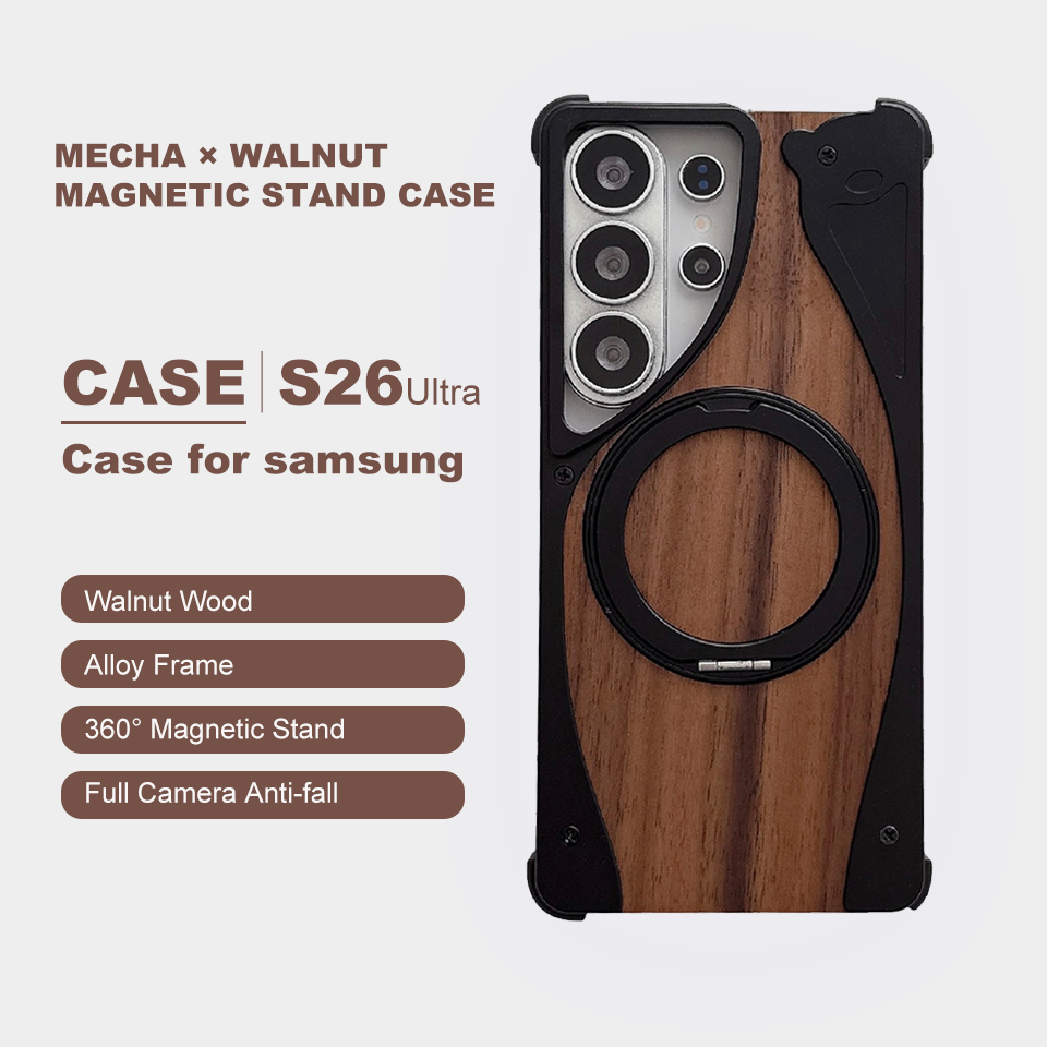 Samsung Galaxy S26 Ultra Solid Wooden Grain Borderless Protective Cover - Durable Aluminium Magnetically Adjustable Stand
