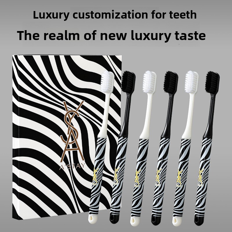 Toothbrush Black White 6 Piece Gift Set High End Zebra Pattern Printed Handles Soft Bristles Gum Care For Couples And Families