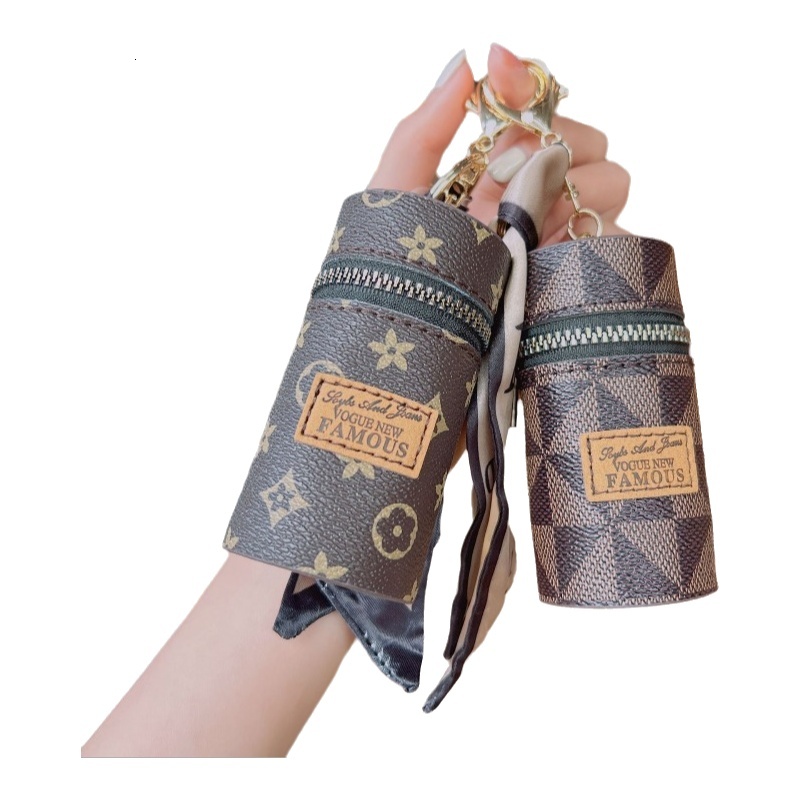 Fashion designer Jewelry Leather Keychain Lipstick Case Classic Print Portable Mini Pouch Bag Charm With Scarf Detail For Women Purse Accessory