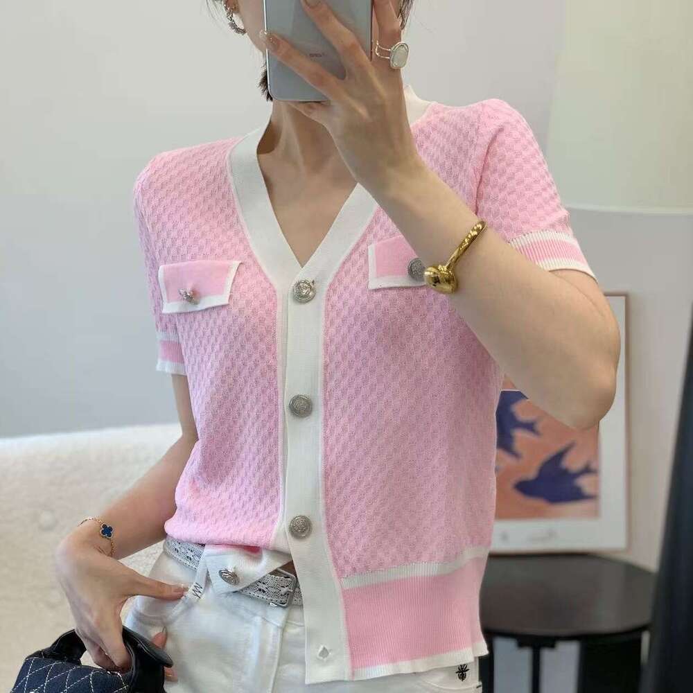 2026 summer new designer simple multifunctional V-neck single breasted color k30 blocking splicing slim knit cardigan top
