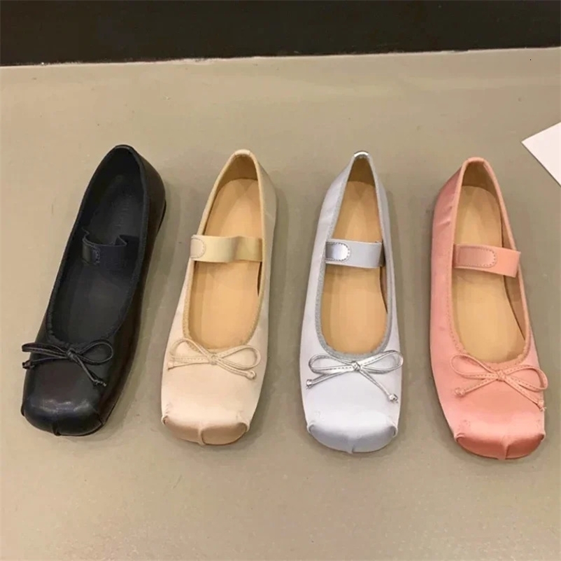 Satin Silk Loafer Ballet Shoes, Pink Rounded Toe Flats with Bowtie Closure 260325
